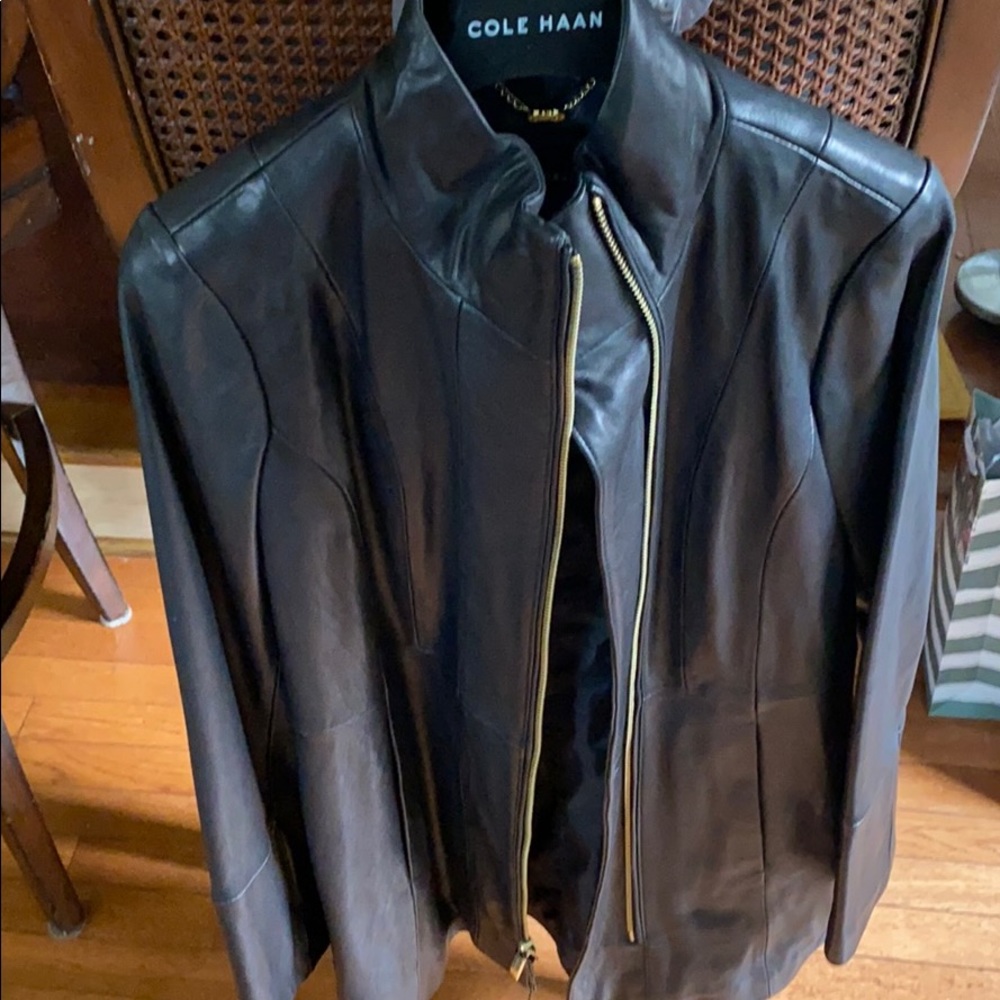Cole Haan long black leather coat
